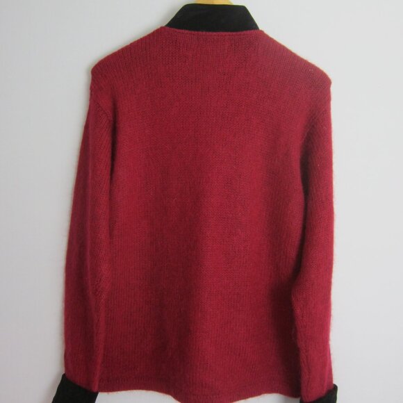Vtg Cherry Webb Co Womens XL Red Black Velvet Collar LS Mohair Wool Cardigan - Picture 2 of 12